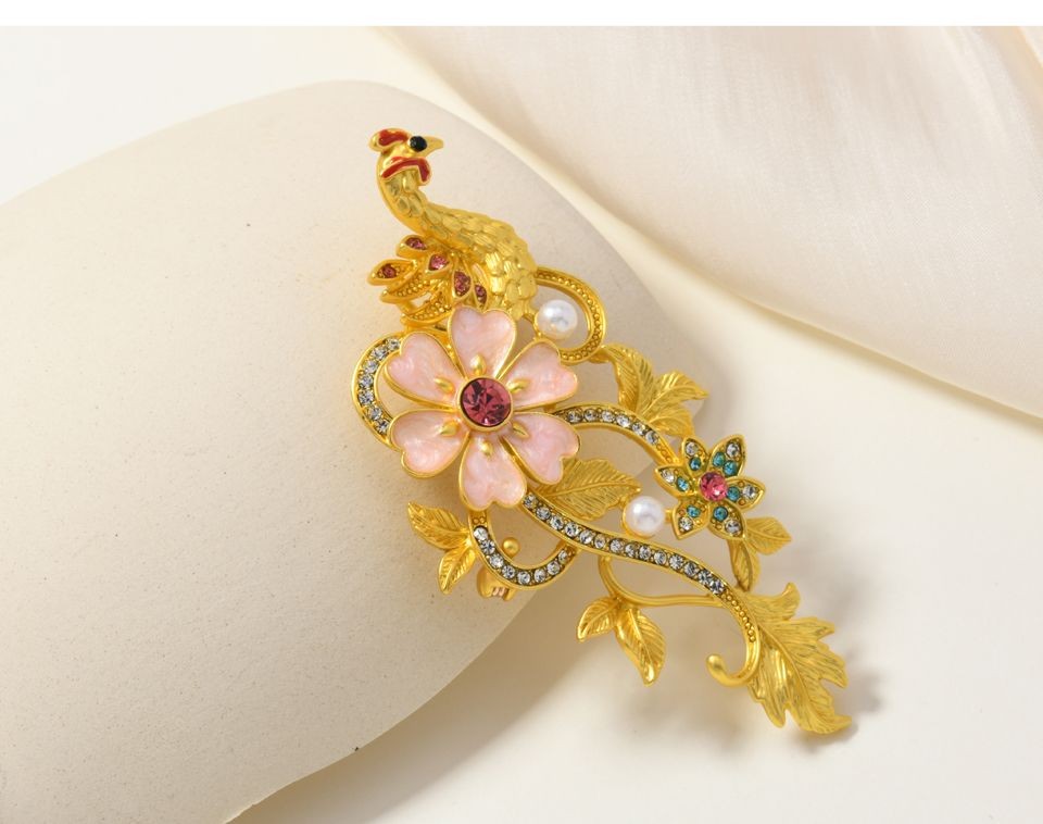 Phoenix Brooch Pink Enamel Crown Flower High End Chinese Style Gift Accessory