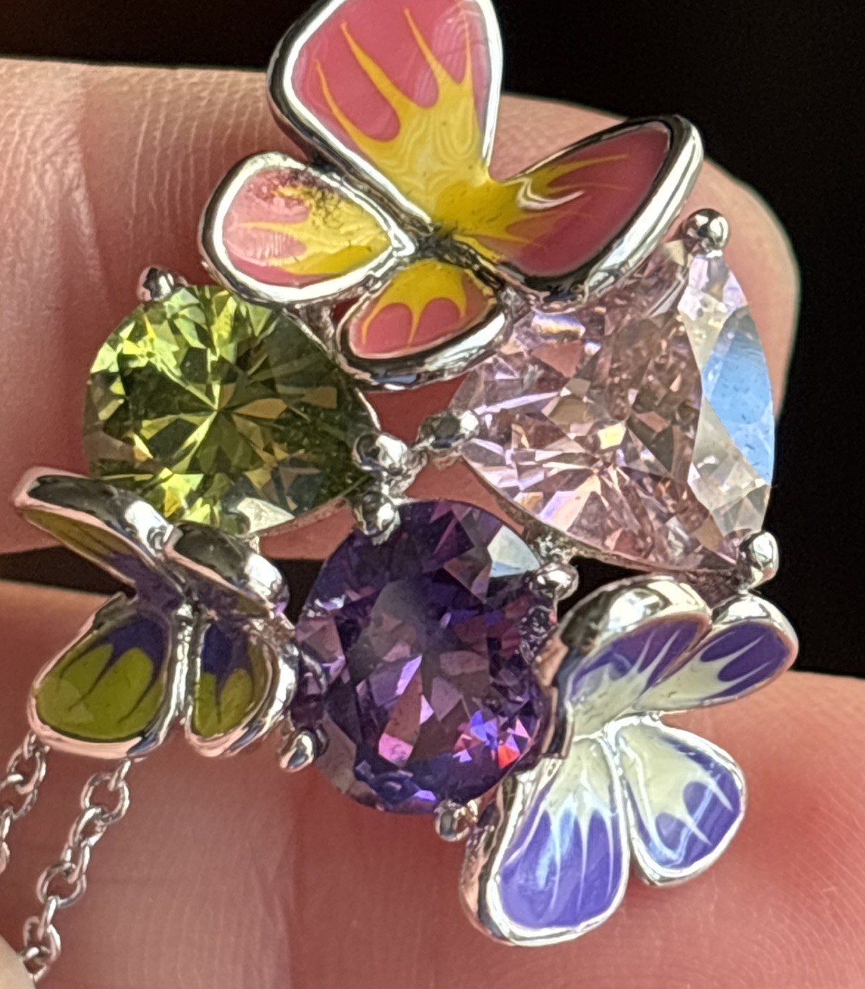 Park Lane Fairytale Pendant 16-18” Silver Tone Purple Pink Green Butterfly & Bns