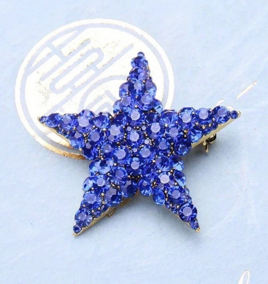 BLUE CRYSTAL RHINESTONE GOLD STAR PIN BROOCH PENDANT~CHRISTMAS HOLIDAY GIFT