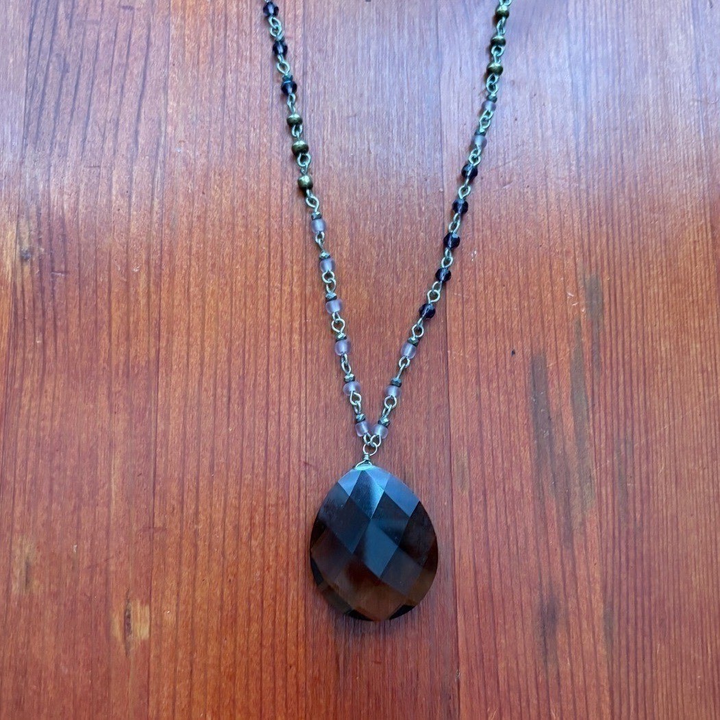 Boho Smoky Brown Faceted Teardrop Pendant Necklace Purple Beaded Silver Chain