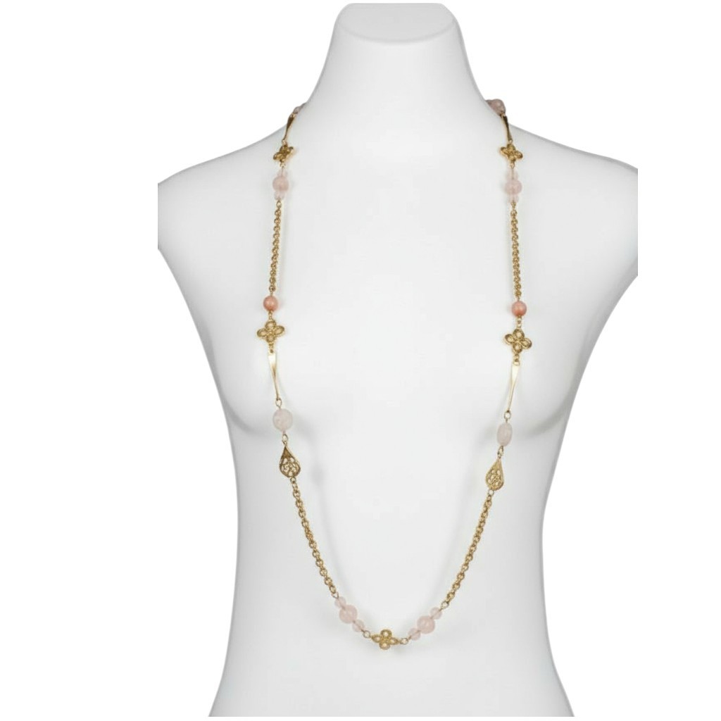 Casual Corner Gold Tone Chain Peach Blush Beaded Necklace Signed 40″