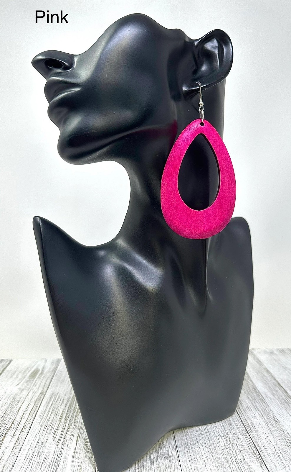 Pink Wooden Dangle Earrings Drop Shape Handmade Lightweight 3in Boho Colorful