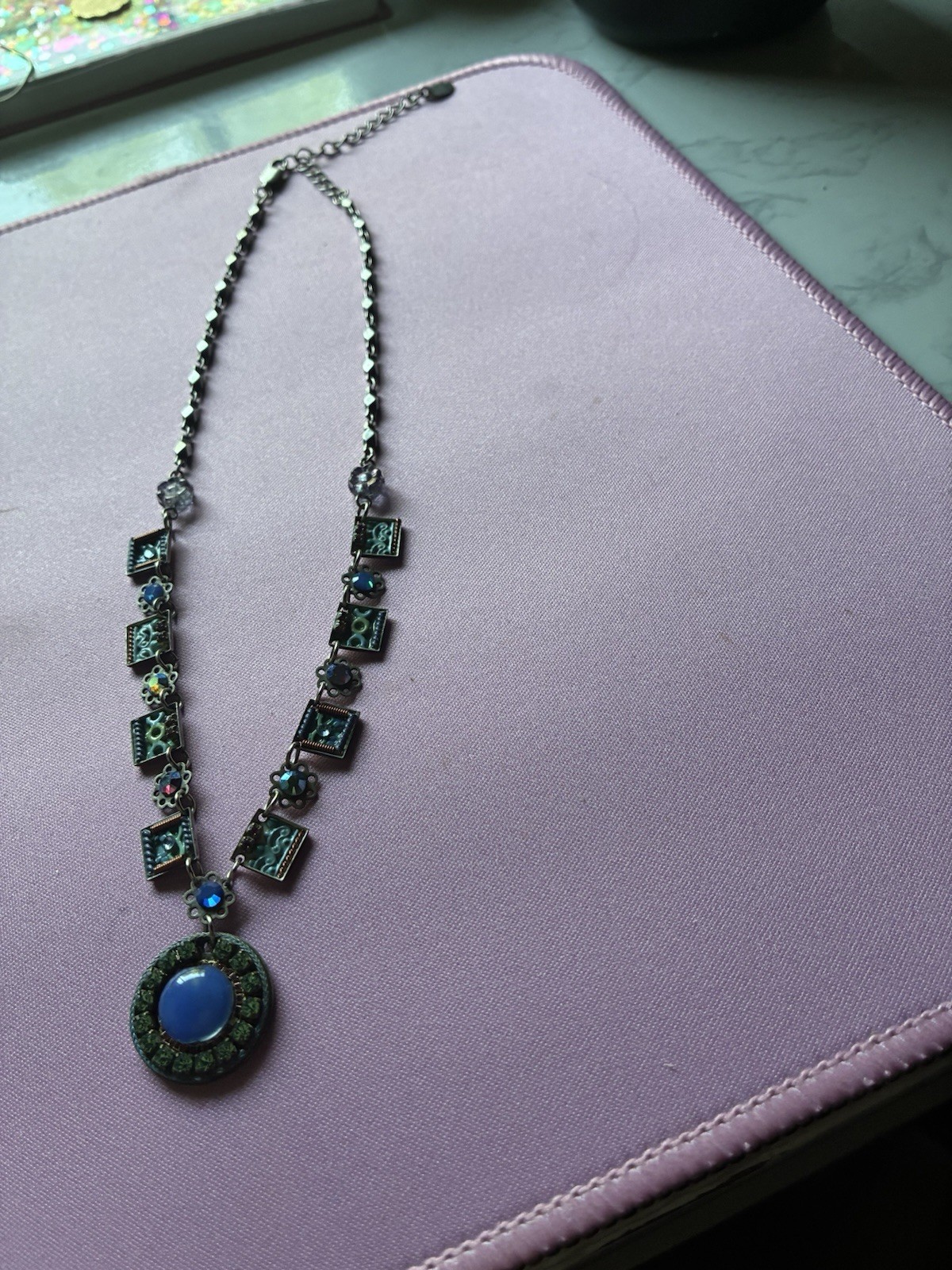 Noosa Silver-Plated Cable Chain Necklace Blue Crystal Round Pendant Signed