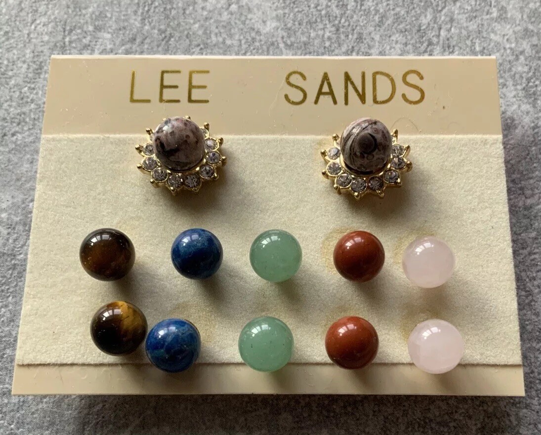 LEE SANDS Gold Tone Interchangible 6 Semiprecious Gemstones Pierced Earrings