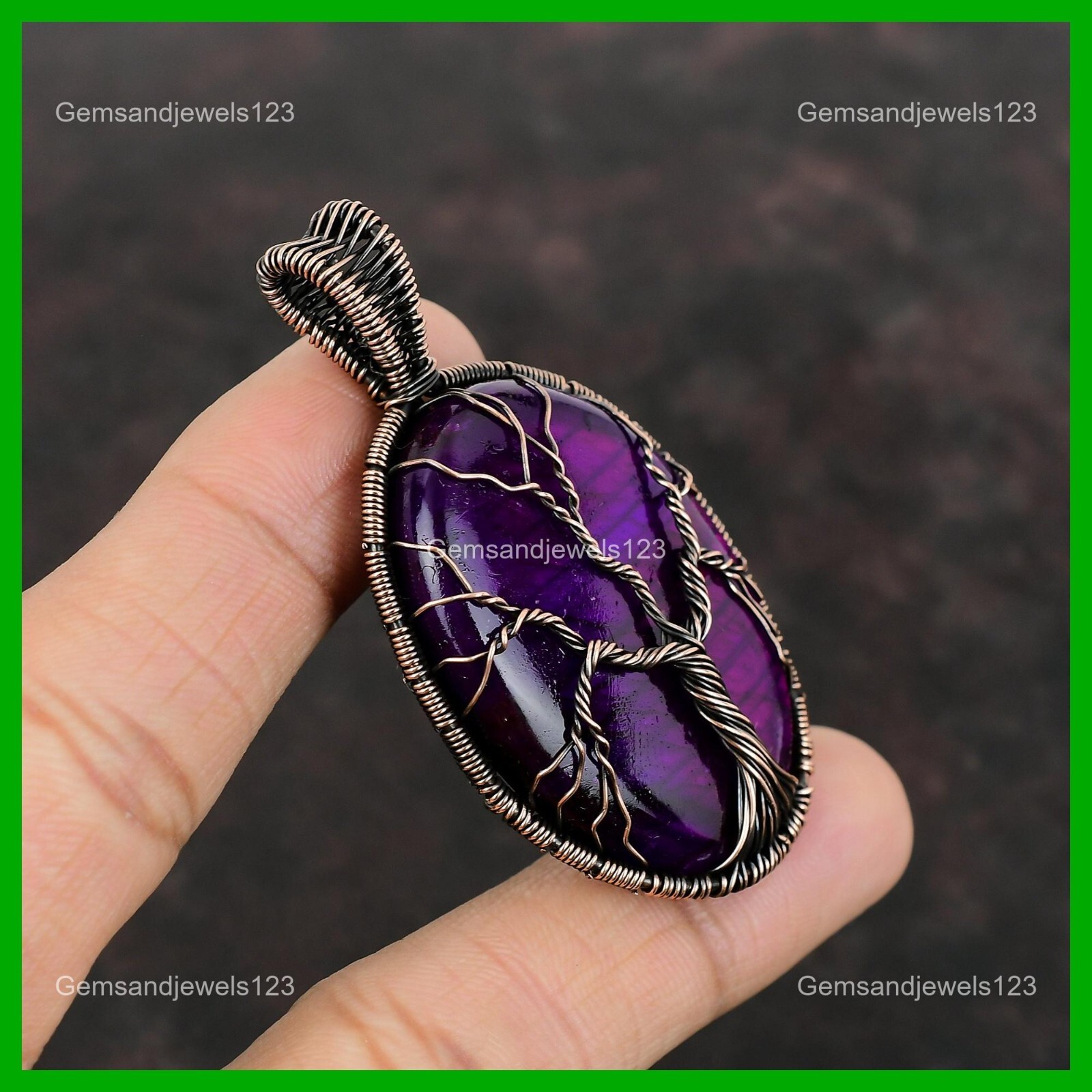 Oval Pink Fire Labradorite Gemstone Copper Tree Of Life And Wire Wrapped Pendant