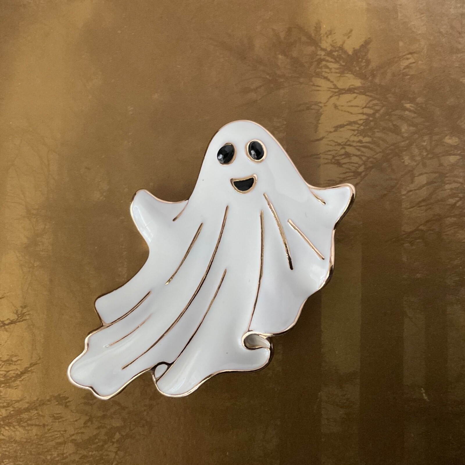 Monet Signed Halloween Ghost Pin Gold Tone & White Enamel Spooky NEW