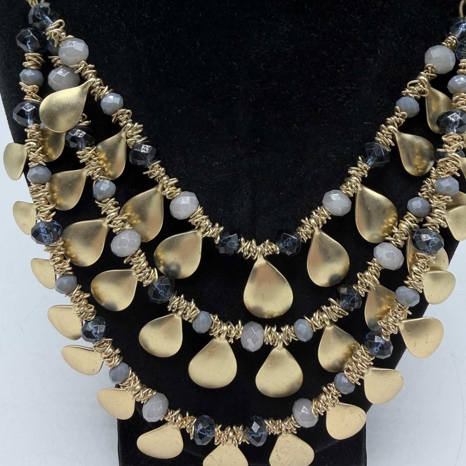 Statement Necklace Gold Tone Disc Brown Cord Gray Bead St Thomas Career Office