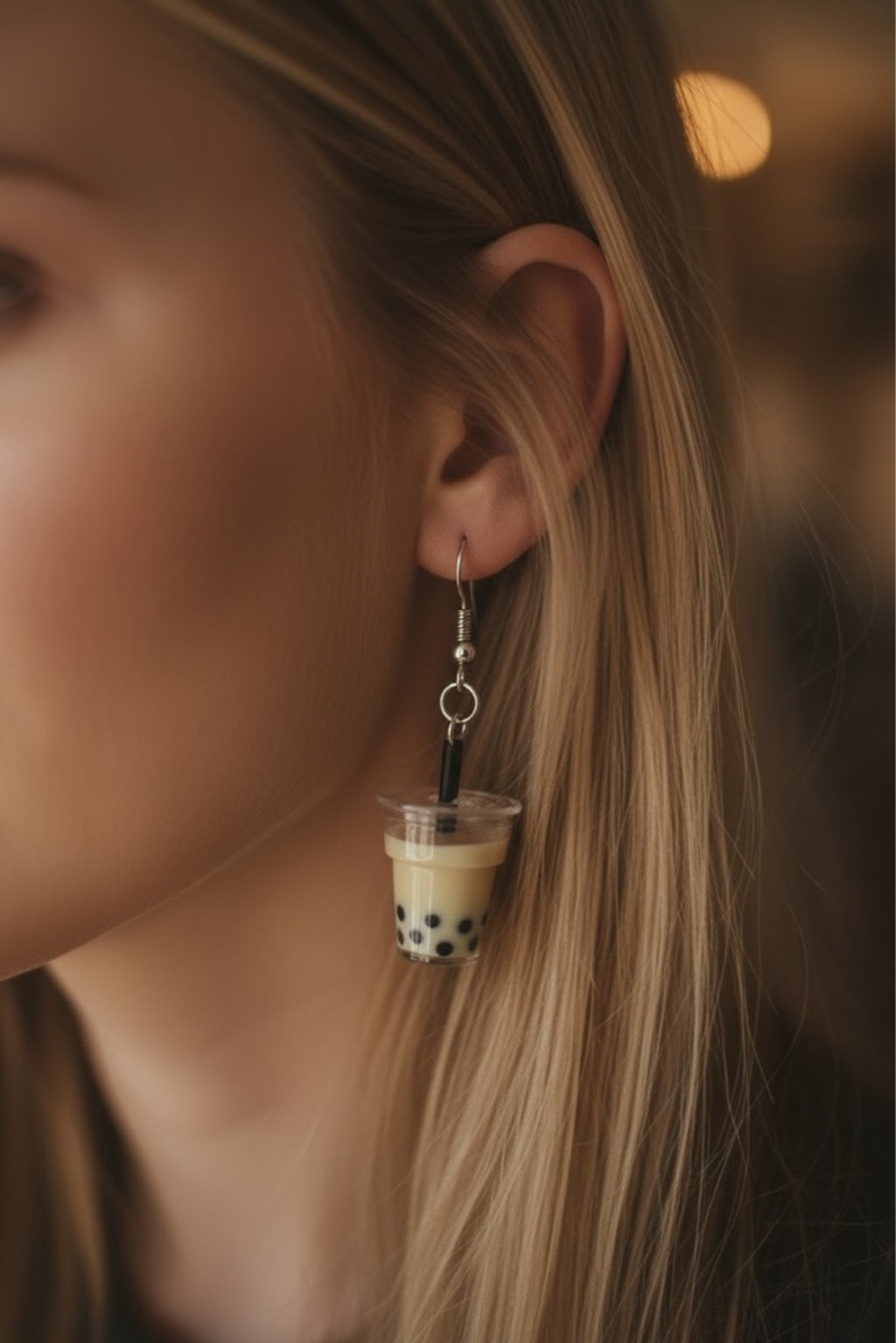Bubble Tea Drop Earrings in Beige and Black