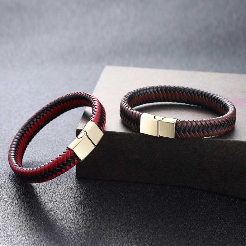 Unisex Women Men Braided Leather Steel Magnetic Clasp Bracelet Handmade