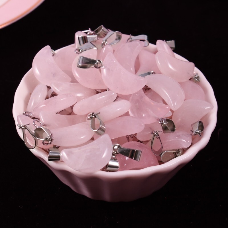 Natural Rose Quartz Moon Charm Healing Crystal Gemstone Pendant Beads 100Pcs