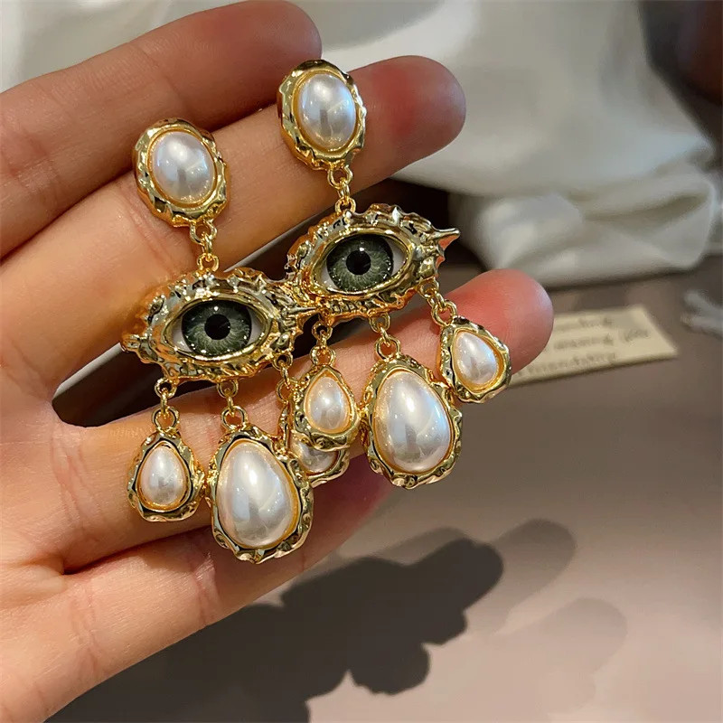 Gold Evil Eye Pearl Drop Earrings Gothic Surreal Statement Jewelry