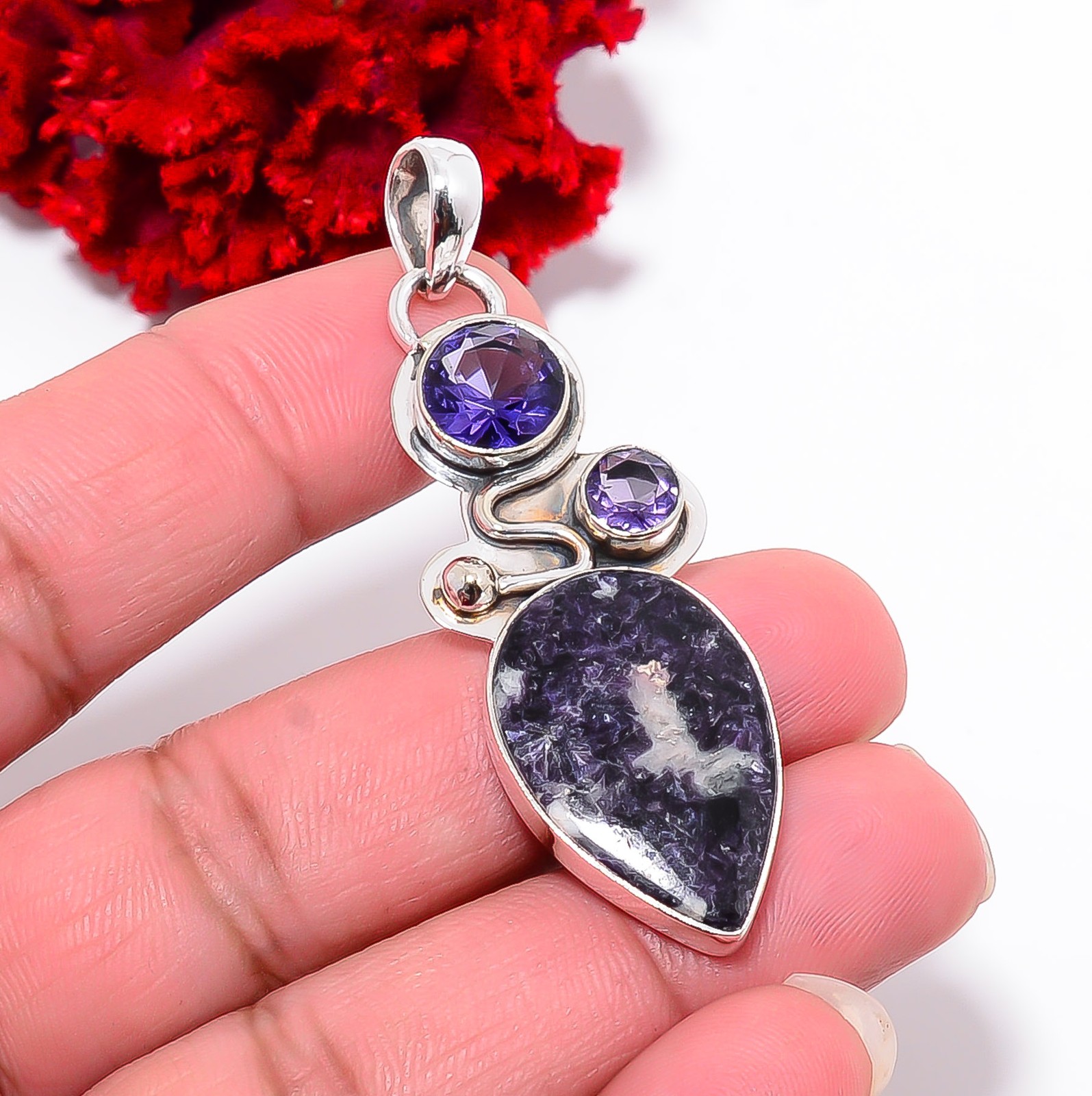 Lepidolite – San Diego & Iolite Handmade 925 Sterling Silver Pendant 2.26″ P9439