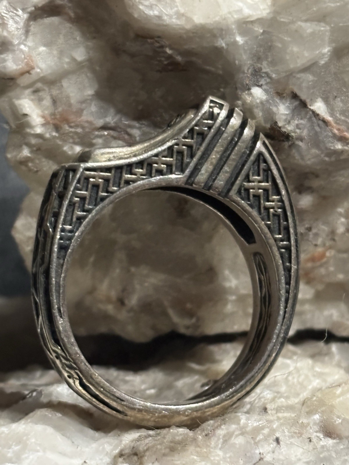 Silver Tone Size 12.5 Signet Band Ring with Geometric Patterned Band
