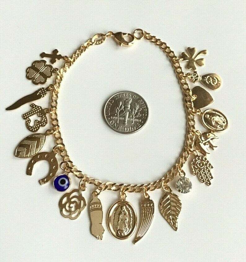 14K Gold Plated Bracelet Good Luck 7.5” Long /Pulsera De Buena Suerte -B48