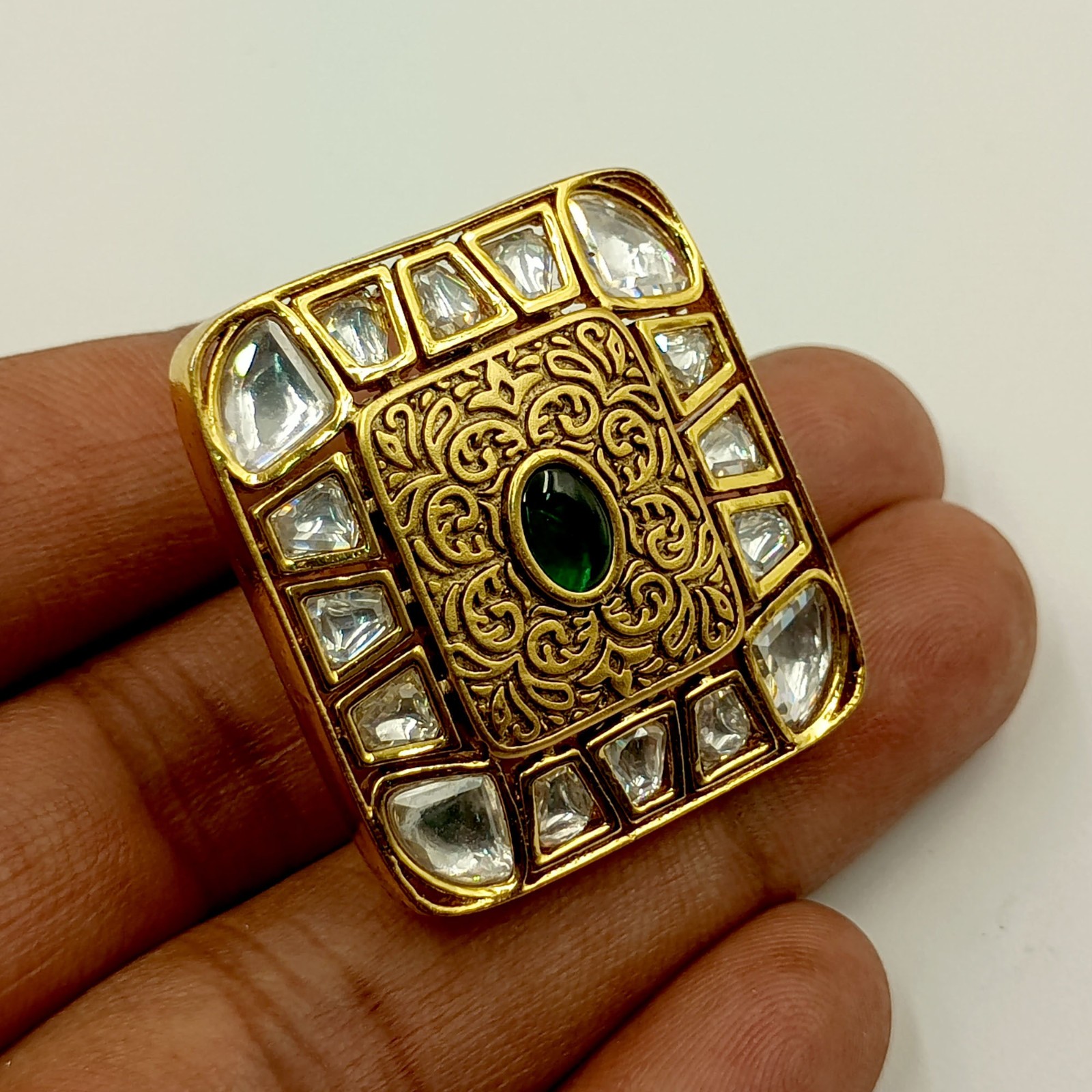 Traditional South Indian Kundan Polki Ring Green Stone CZ Handmade Gift Women