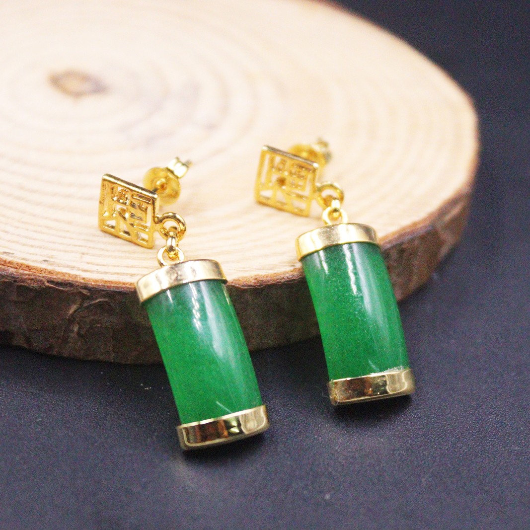 Handmade Green Chalcedony Earrings Hook 18K Gold Plated Gp Jade Earrings