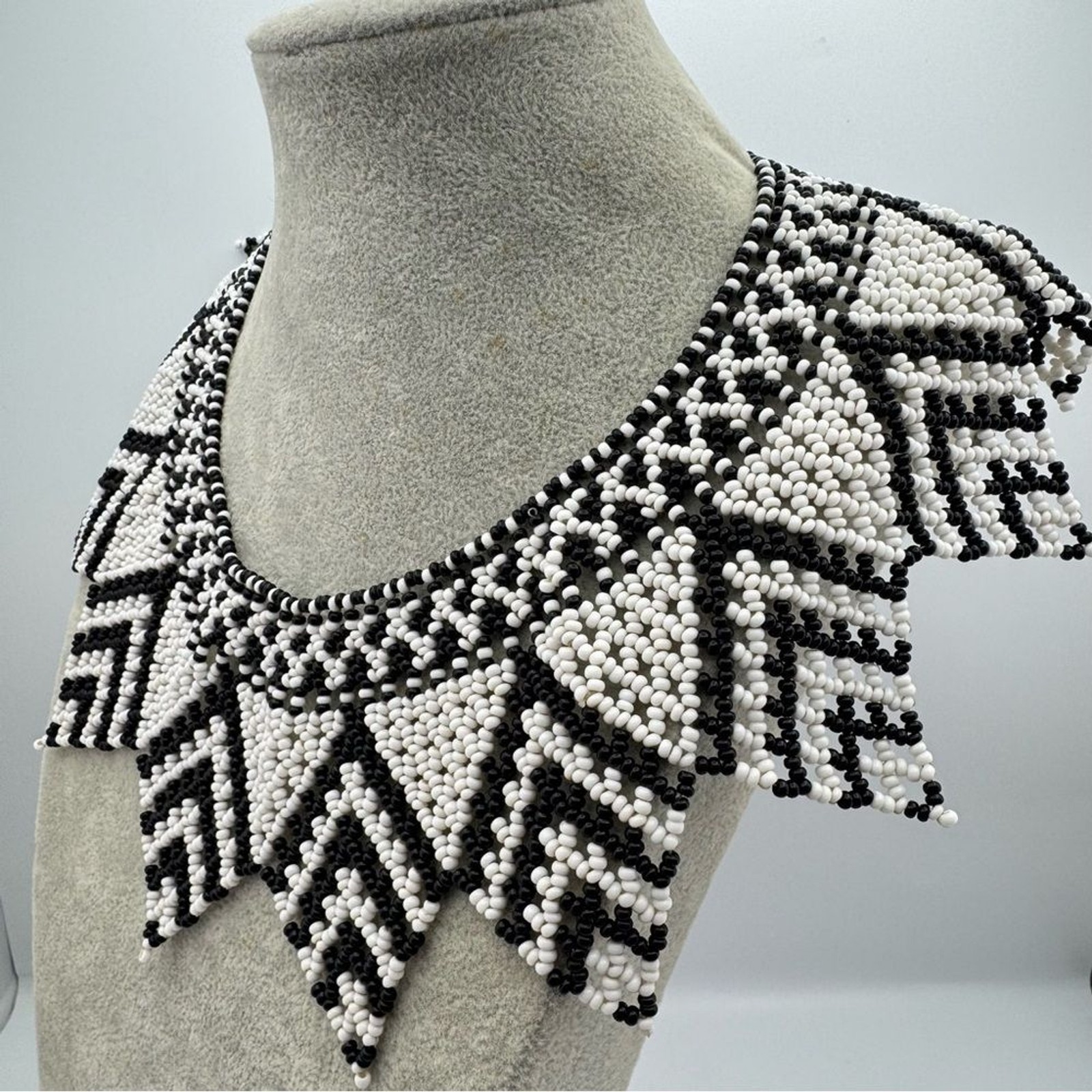 Hand Beaded Black & White Tribal Collar Necklace Statement Bib