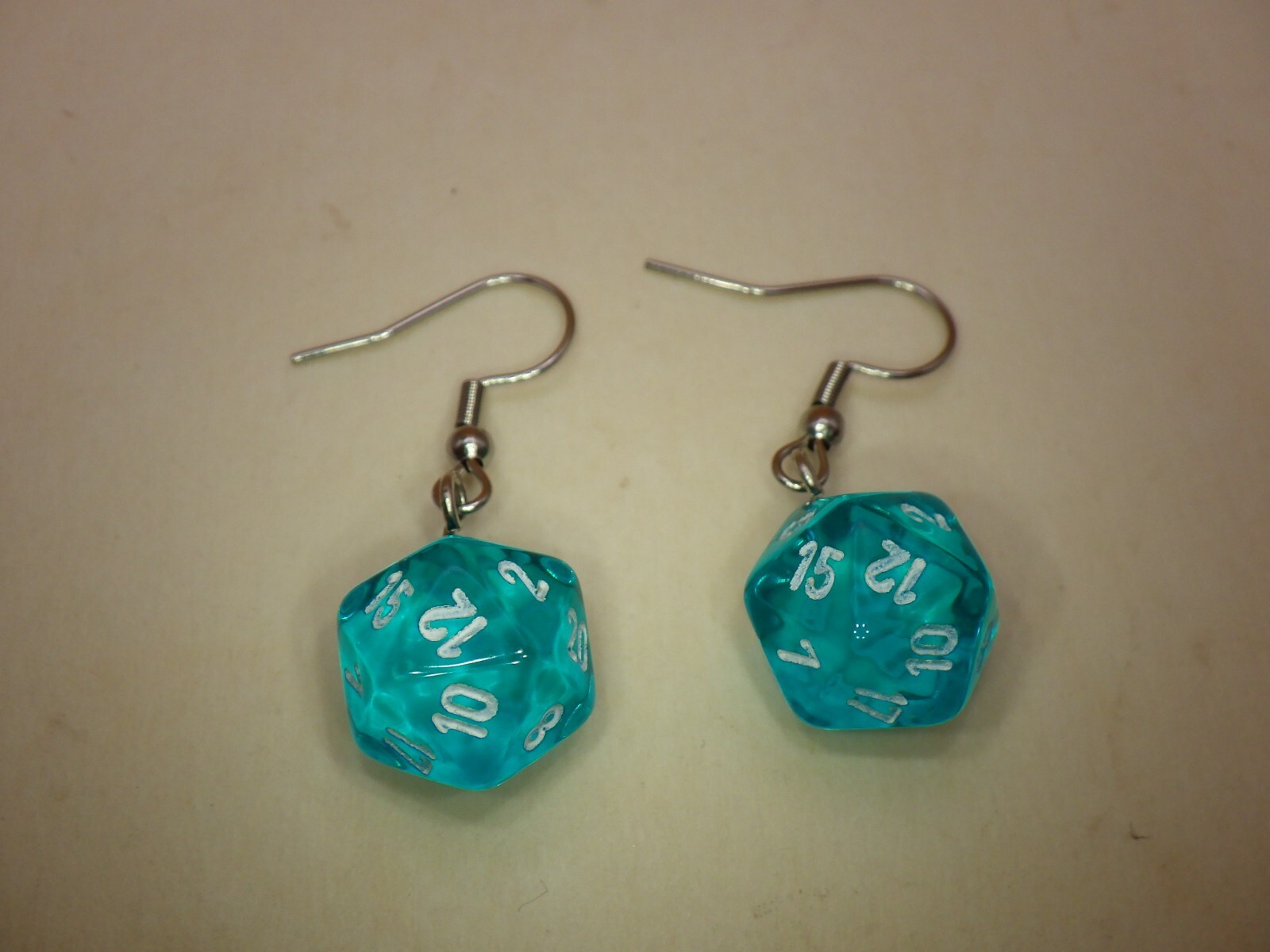 Translucent Teal White Mini D20 Stainless Steel Hook Dangle Style Dice Earrings