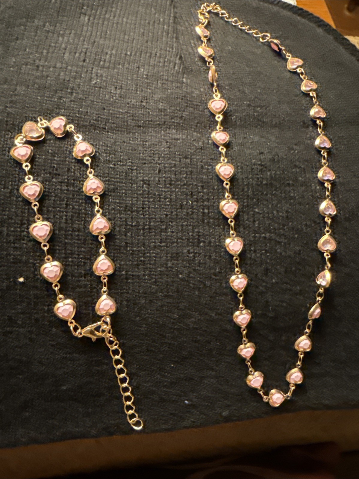 2 Piece Pink Colored Gold Heart Themed Copper Necklace And Bracelet Set