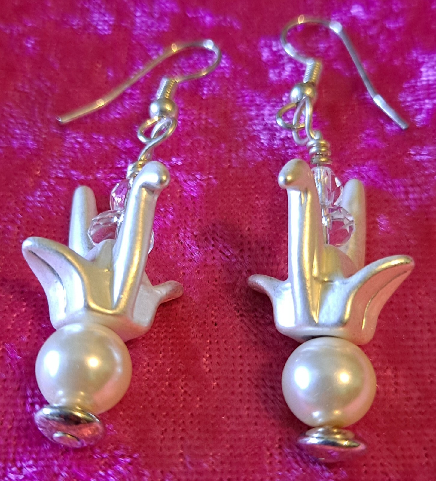 Origami Look Bird Earrings With Crystal and Faux Pearl Metal Earrings