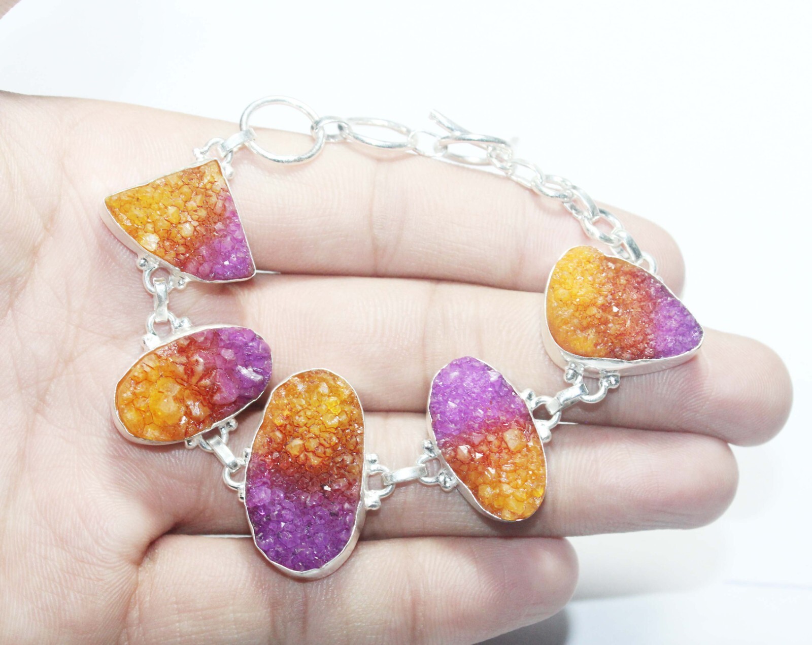 Ametrine Druzy Fancy Shape Gemstone Handmade Bracelet Jewelry Size 8 Inches