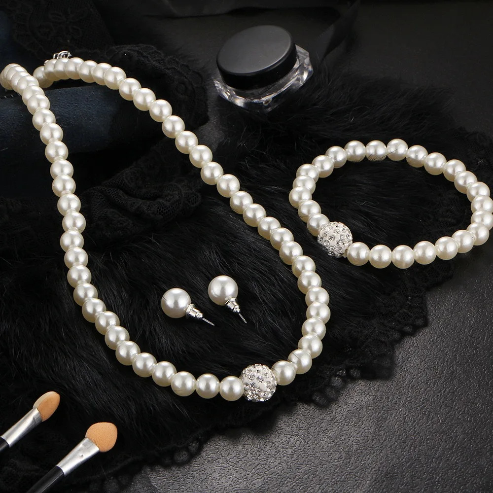 3PCS Pearl Jewelry Set Necklace Bracelet Earring Stud Gift Set For Women