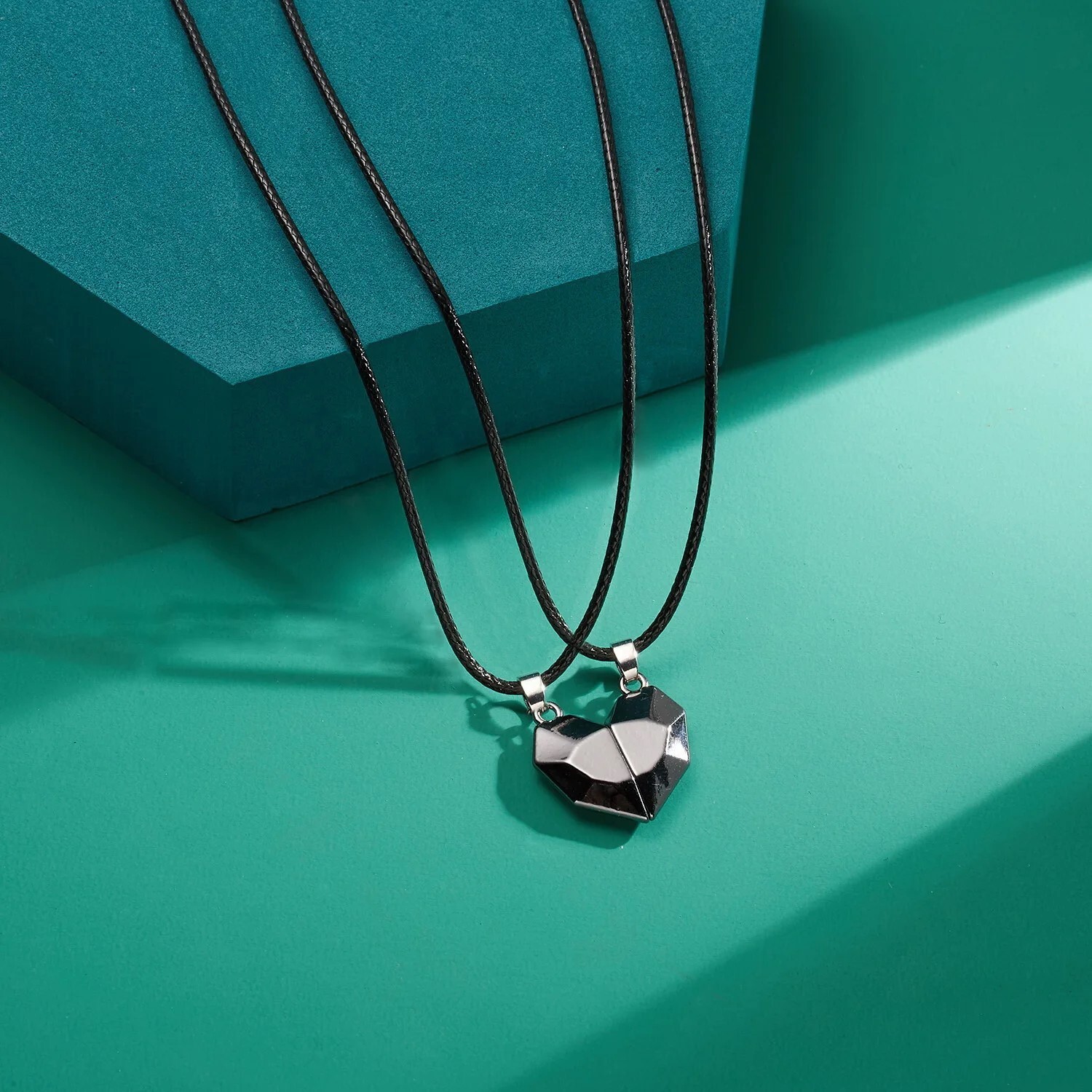 Heart Magnet Necklace Set for Couple – Black w/ Black, Great Gift, Anniversary