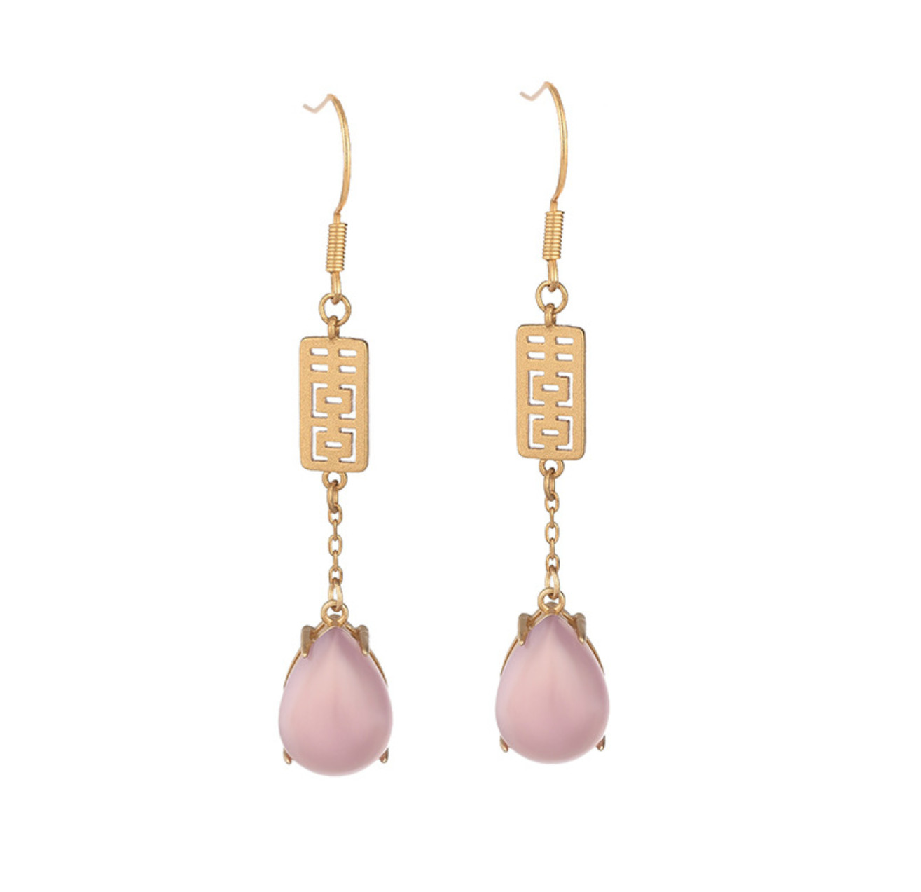 Pink Jade Drop Dangle Boho Earrings Ethnic Teardrop 18K Gold Plated Gemstone