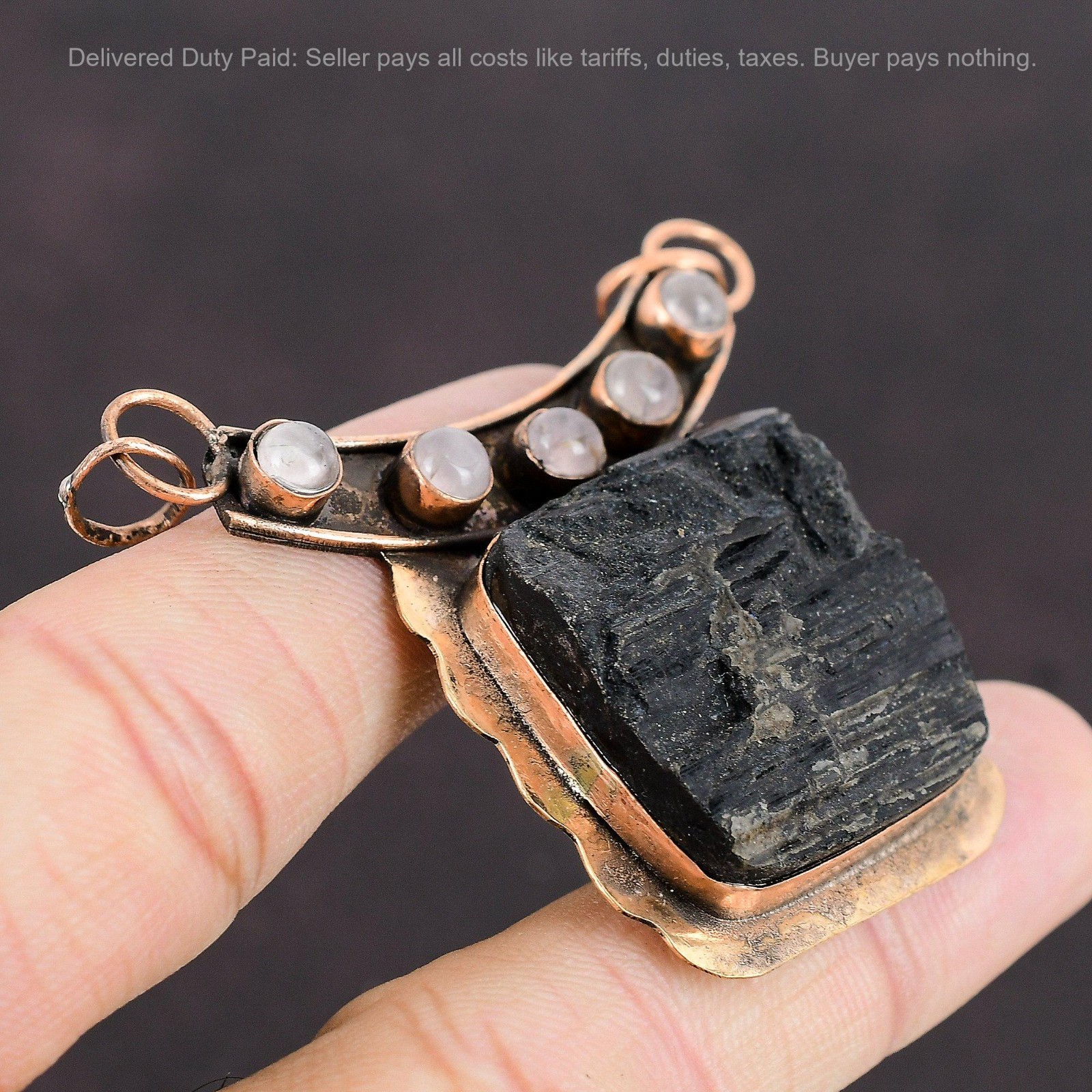 New Year Sale Natural Black Tourmaline Rough Rose Quartz Pendant Jewelry Copper