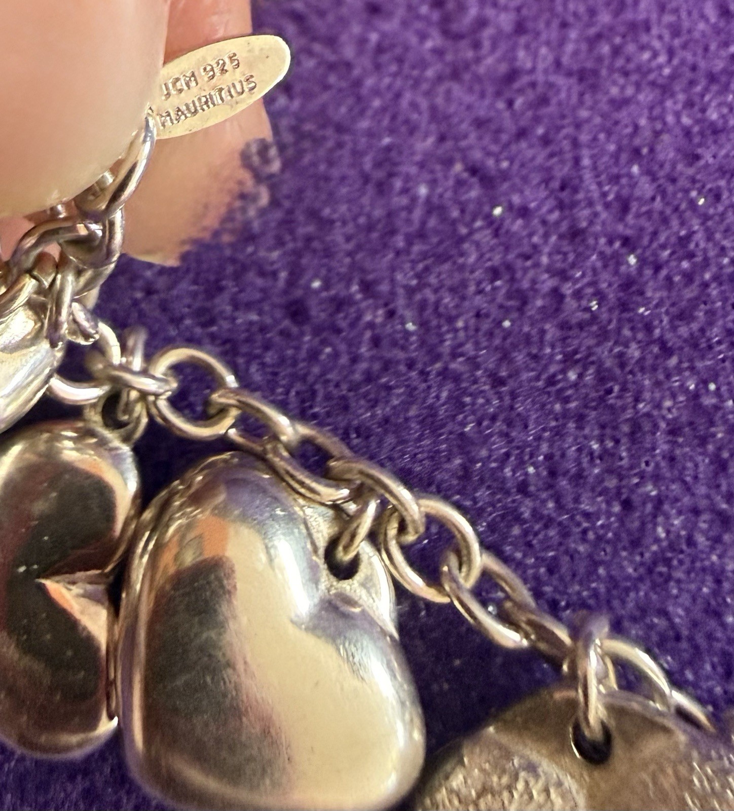 JCM Mauritius Sterling Silver 925 Heart Dangle Charm Bracelet 8” Cable Chain
