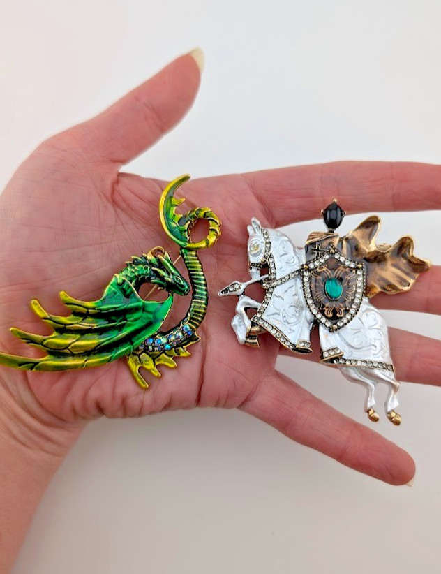 MEDIEVAL KNIGHT & DRAGON BROOCH lot horse wyvern fantasy fairytale pins B2