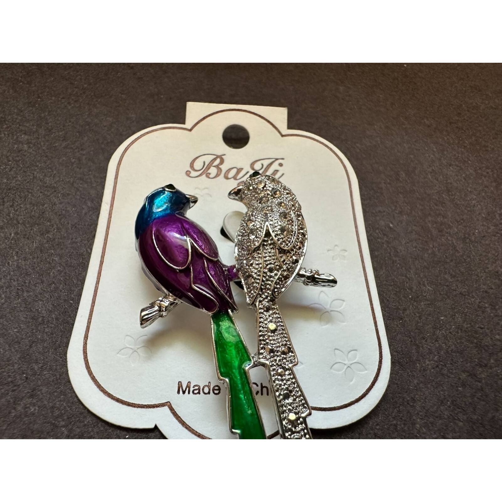 Vibrant Enamel & Rhinestone Parrots Birds Pin Brooch BaJi