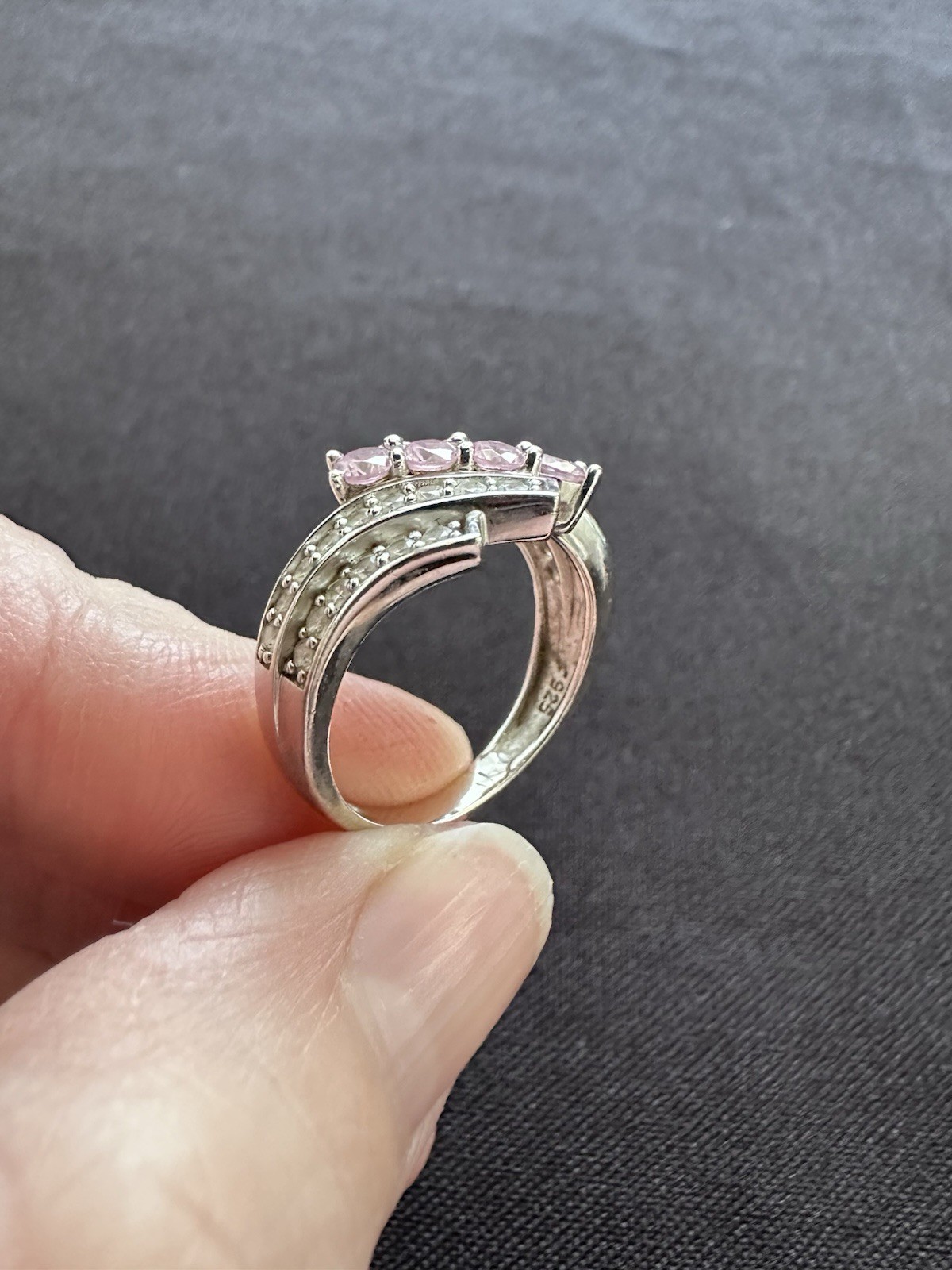 925 Sterling Silver Cubic Zirconia Clear Pink Cocktail Channel Set Wave Size M