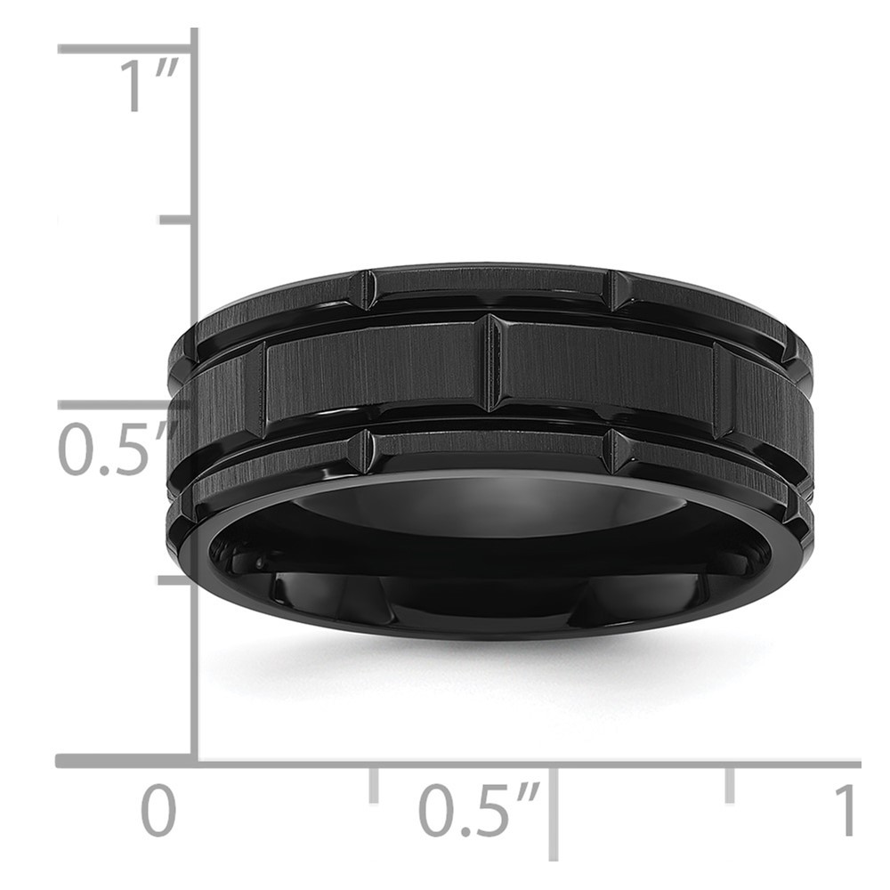 Titanium Brushed and Polished Black IP-plated Notched 8mm Band Ring Size 12