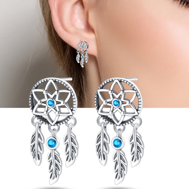 PANDACH 925 Sterling Silver Dream Catcher wIth Feathers Stud Earrings For Womens