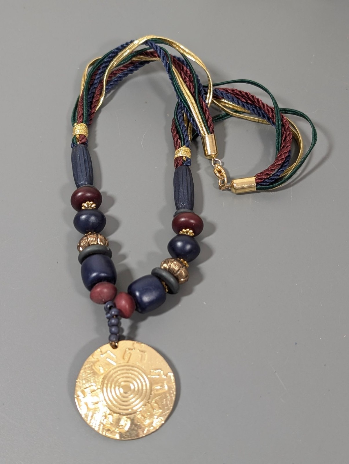 Retro Tribal Medallion Blue Red Green Multi Cord Gold Tone Necklace 18″