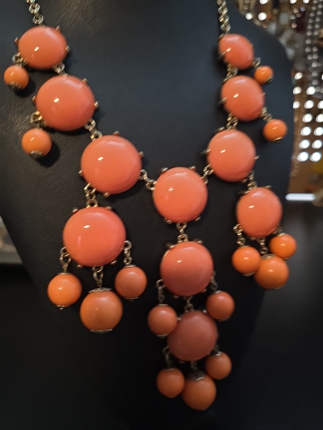 Gold Tone Peach Orange Acrylic Round Bubble Bib Statement Necklace