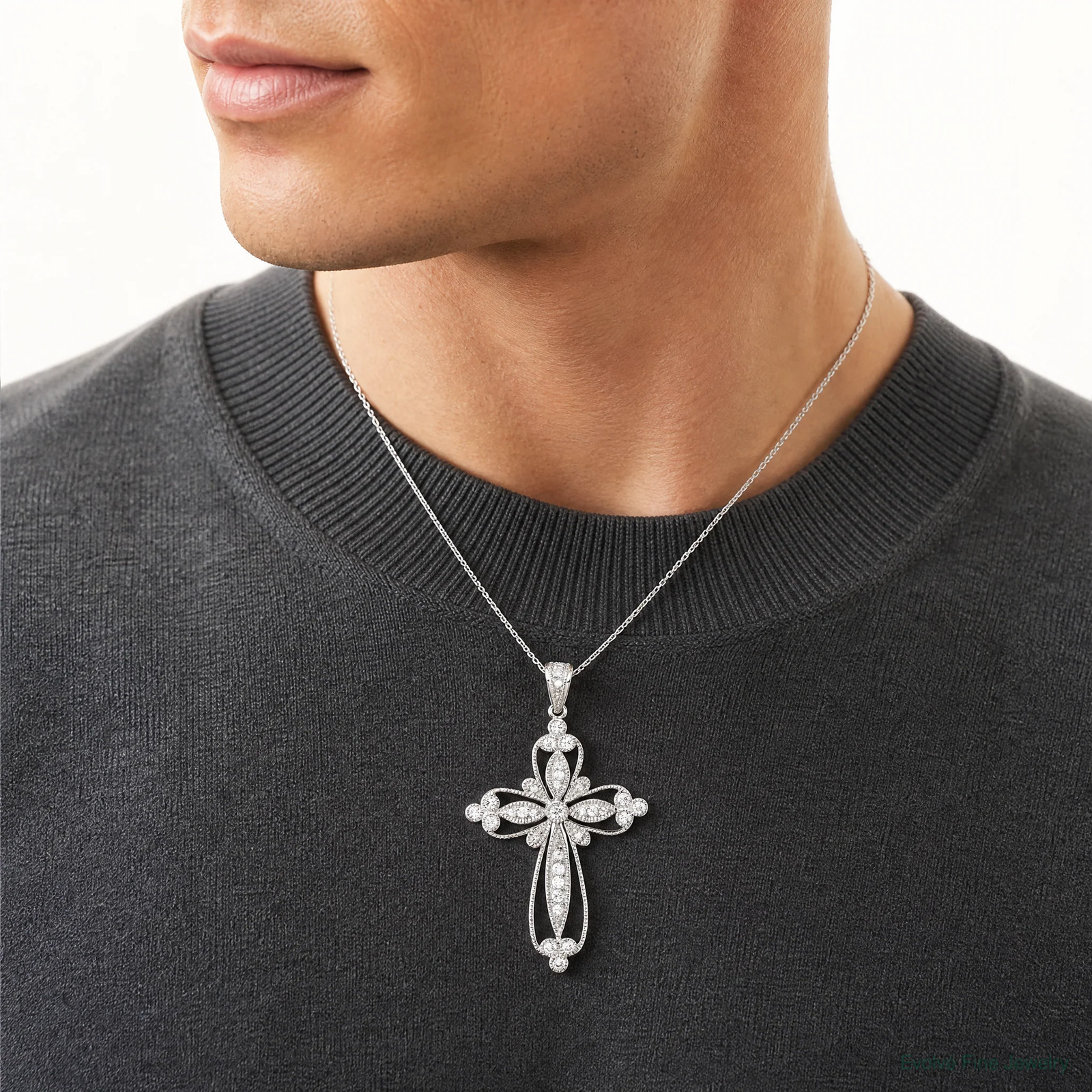 Sterling Silver Rhodium-Plated CZ Filigree Cross Pendant