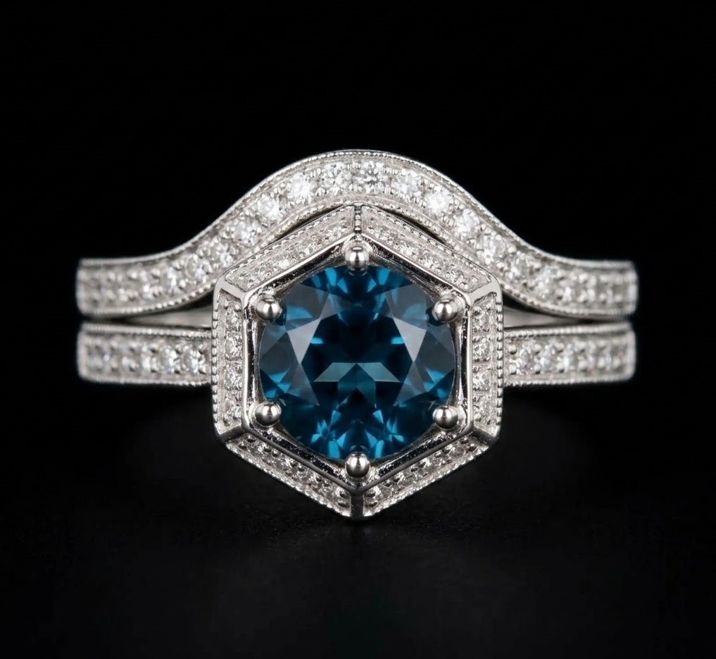 Hexagon Blue Topaz Engagement Ring Set, Sterling Silver Art Deco Bridal Ring