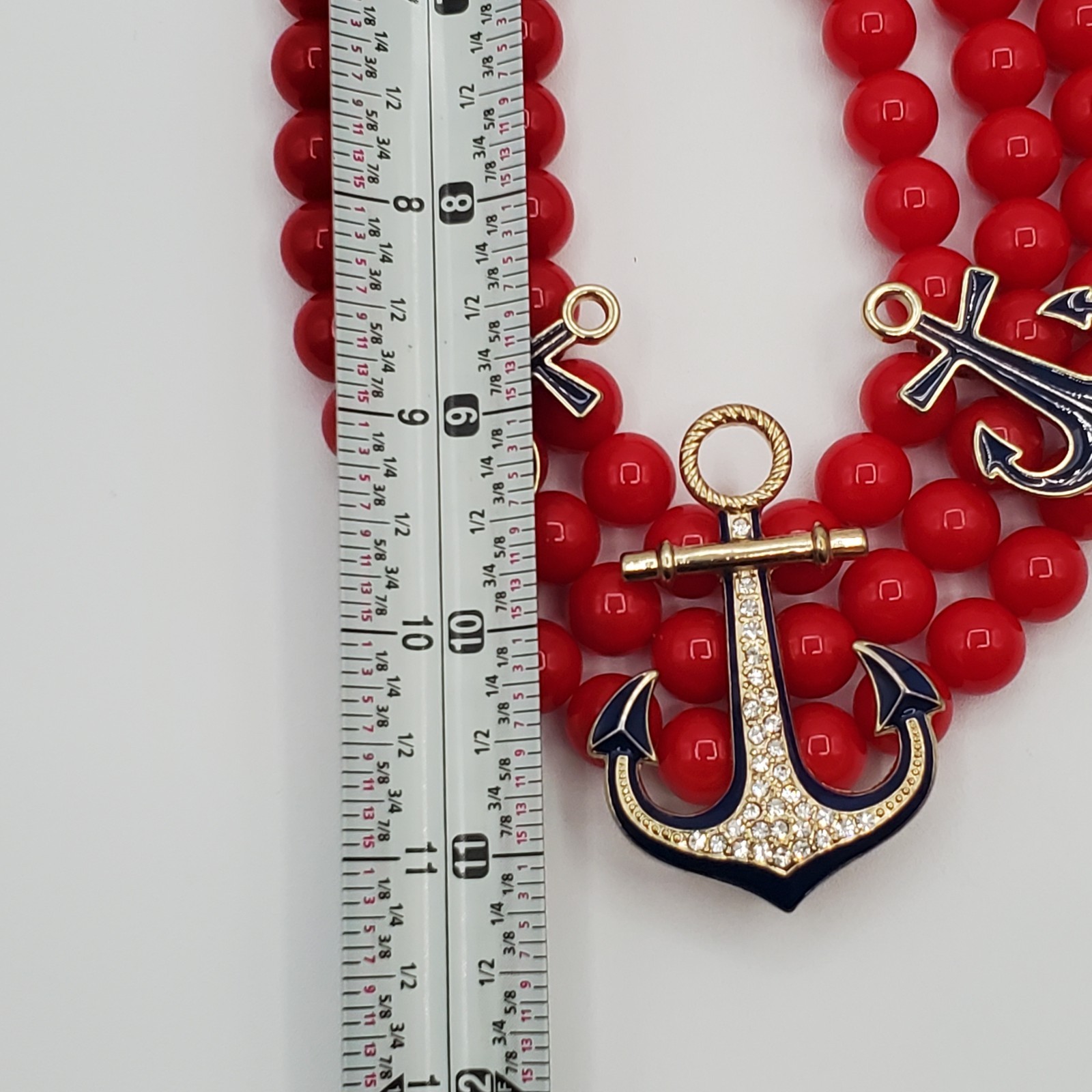 CC Nautical Set Necklace 19in Red Bead Triple Strand Blue Anchor 2 Sailboat Pins