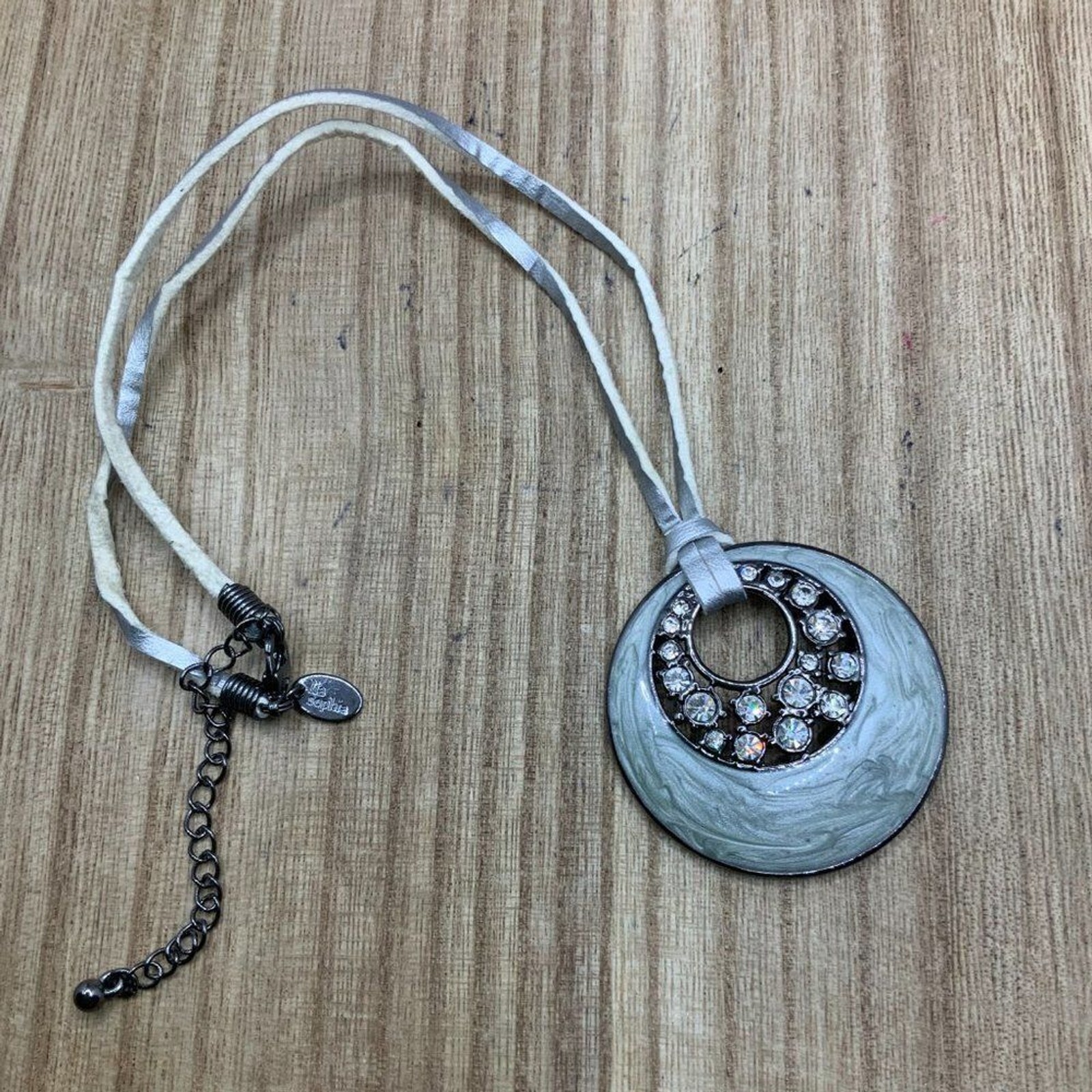 Lia Sophia Enamel Circle Pendant with Leather Cord Necklace