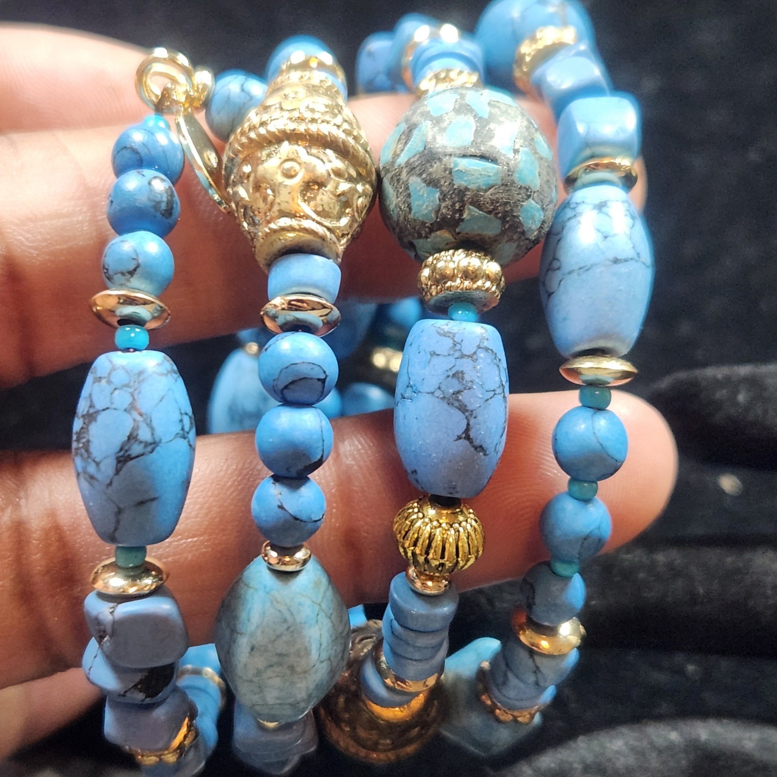 Chicos Blue Turquoise color Multi Strand Wrap Bracelet Gold Tone Accents