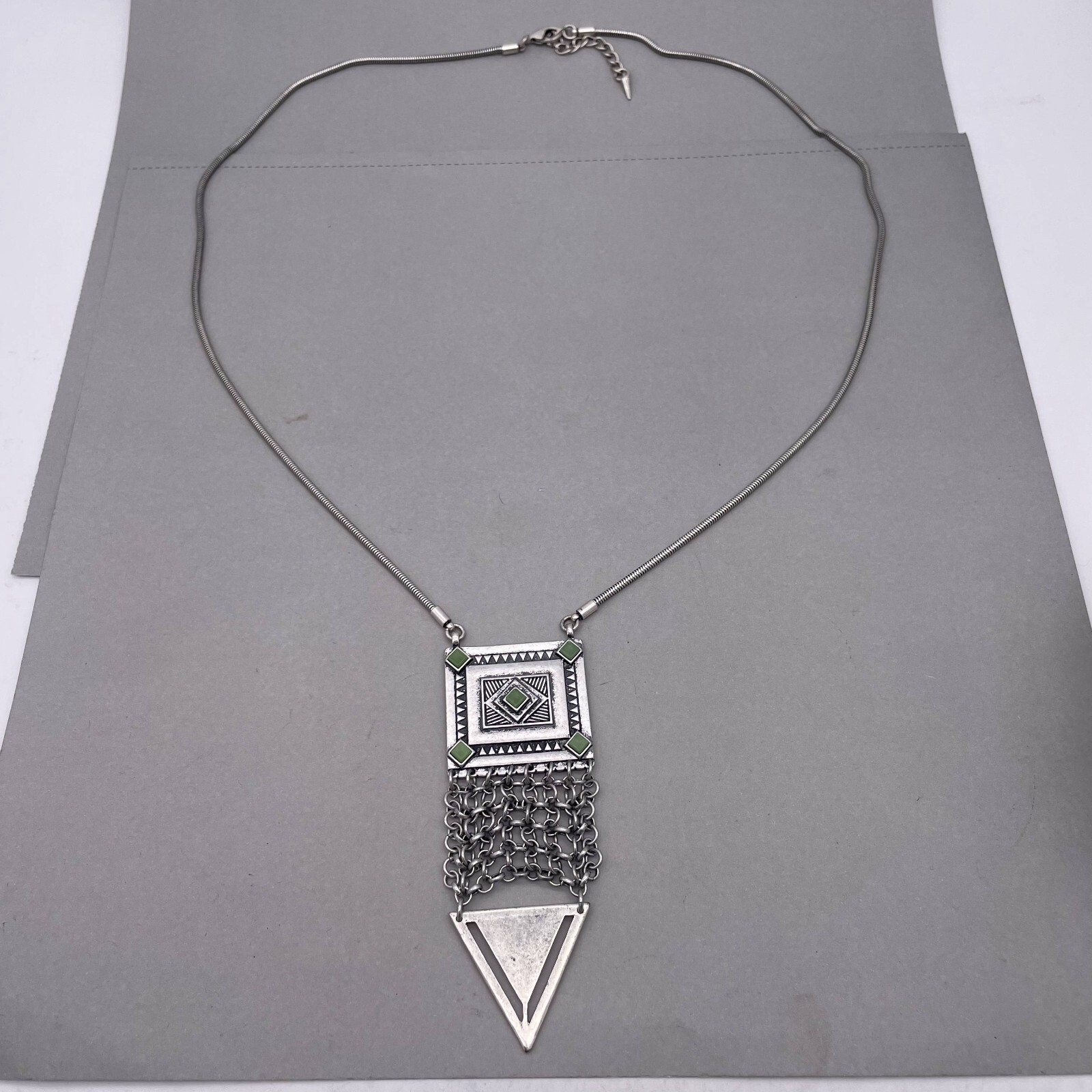 Jenny Bird Silvertone Snake Chain with Large Geometric Statement Necklace 30-32