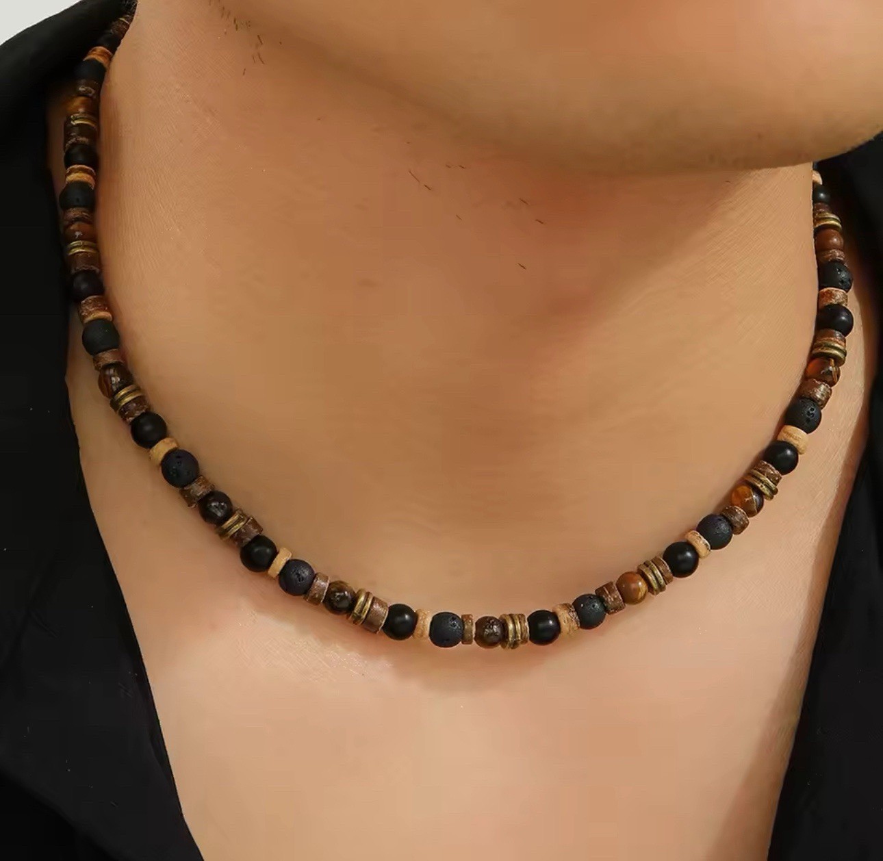 Mens Boho Necklace Tiger Eye Lava Stone Wood Beads Surfer Handmade Choker