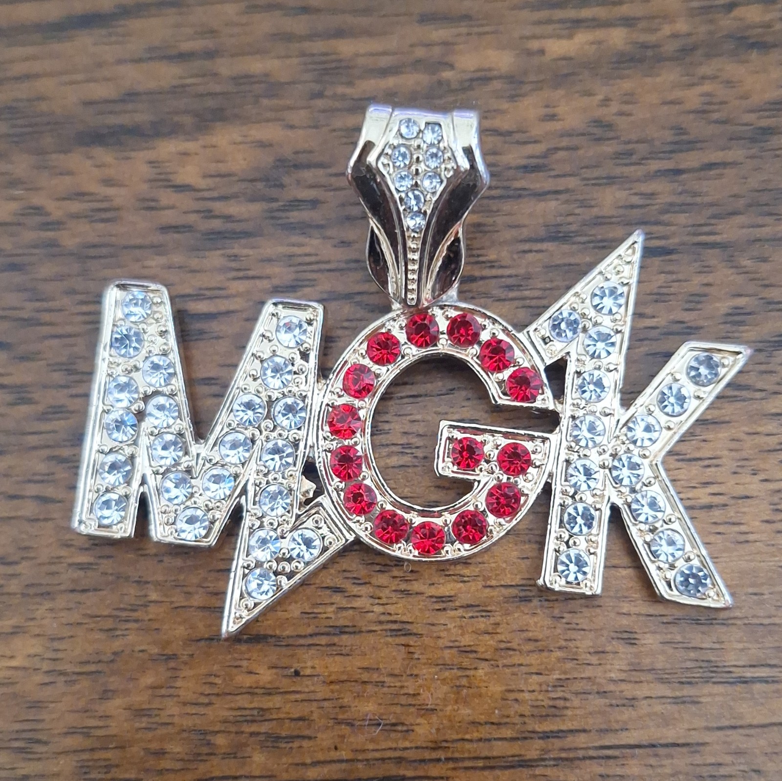 Gold Tone MGK Letter Pendant Charm Pavé Red/Clear Rhinestones Metal