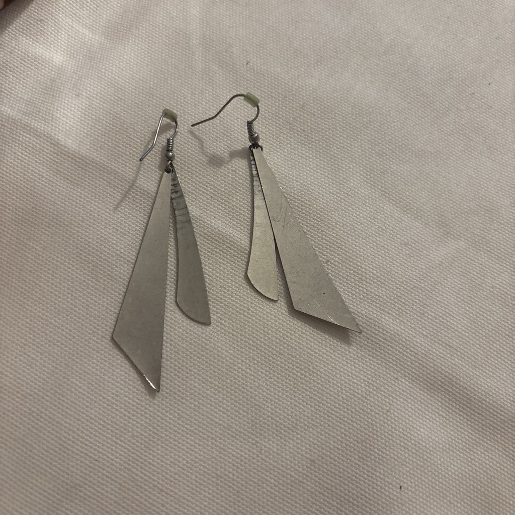 Silver Tone Textured Triangle Dangle/Drop Earrings, Metal No Stone, Hook