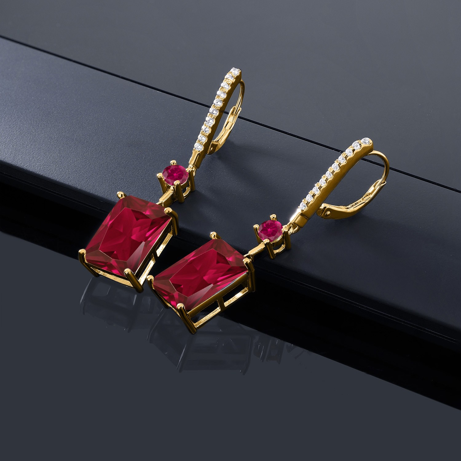 Created Ruby Drop Dangle Earrings For Women | 10.80 Cttw | 14X10MM Emerald Cut