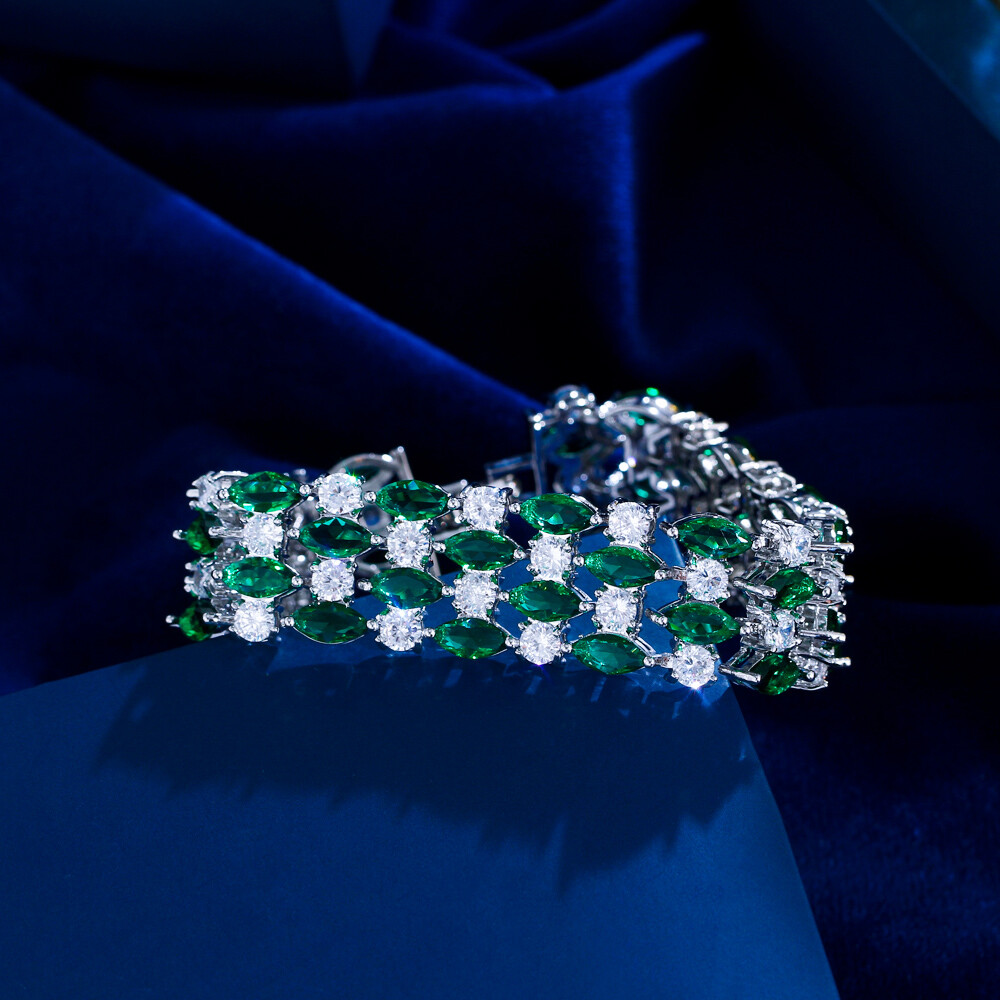 Women Silver Plated Multicolor Round Marquise Cubic Zirconia Big Wide Bracelet