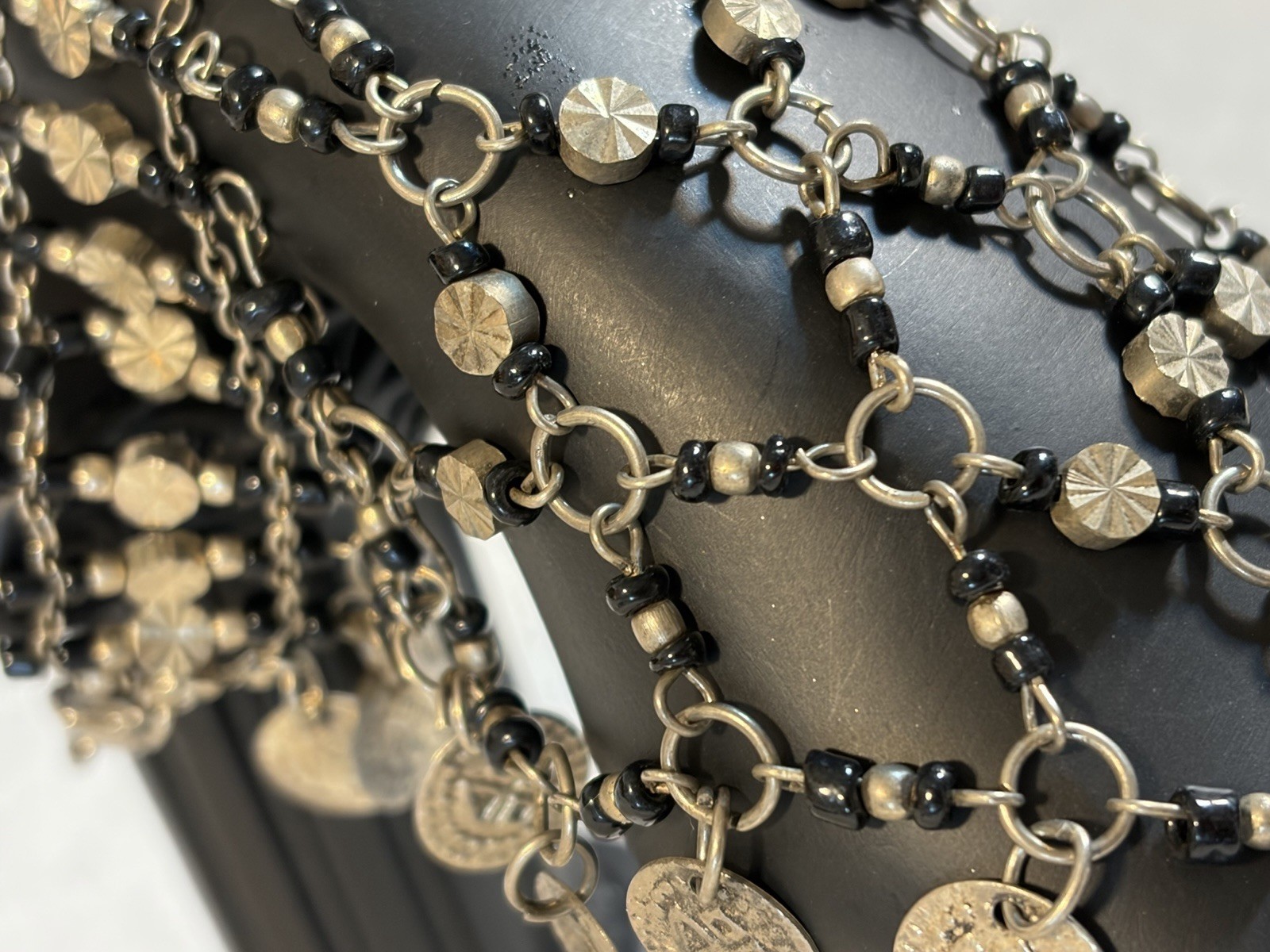 Boho Blck Bead Silver Coin Hand Chain Slave Bracelet Ring Hathphool Belly Dance