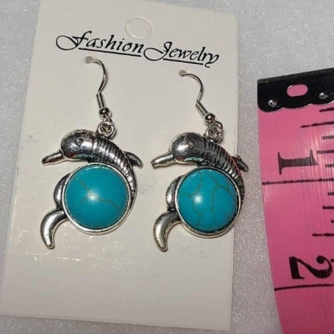 Silver Turquoise Stone Dolphin Dangle Drop Fashion Earrings